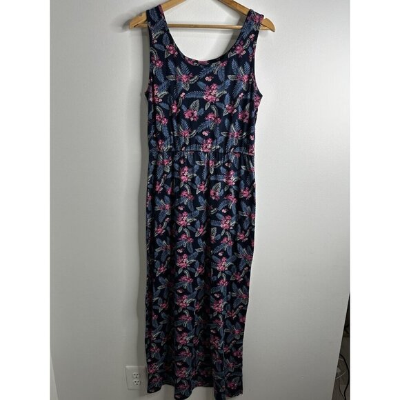 Mata Traders Maxi Dress Sz L Floral Navy Boho Jersey Knit Organic Cotton Stretch - Picture 1 of 9